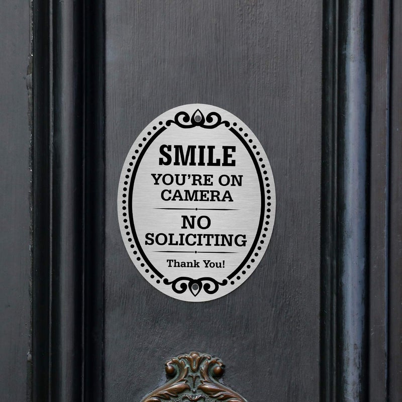 SmartSign Premium No Soliciting Smile You're On Camera Thank You Sign, 4" x 5" Aluminum Metal with Adhesive Backing/Sticker, Peel-Off or Use Pre-Punched Holes, Silver/Black, Made in USA - Image 3